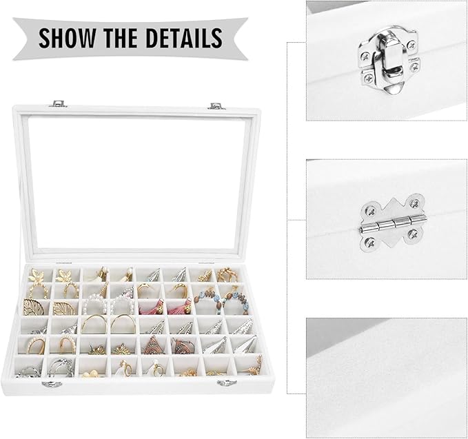 Siveit Velvet Jewelry Tray 48 Grid Jewelry Display Tray Organizer Box with Transparent Lid Rings Earrings Necklaces Pendants 