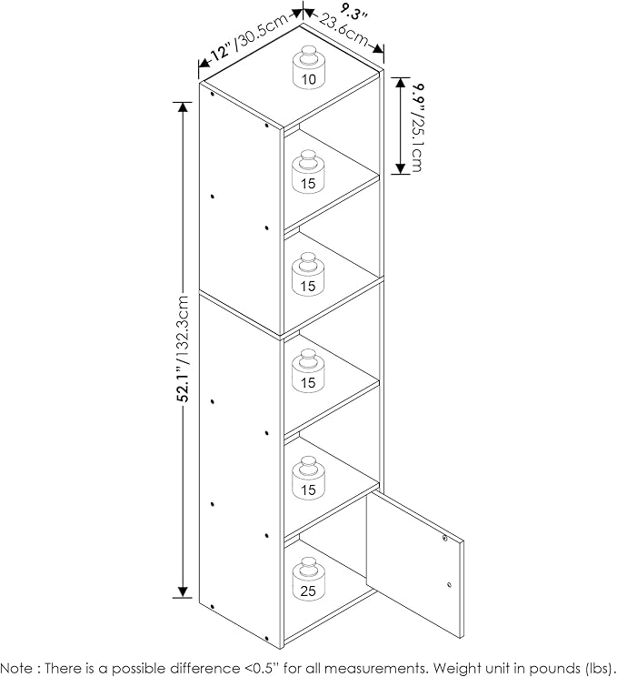 Furinno LUDER Book Shelf, 5-Tier Modern Bookshelf, Bookcase with 1 Door Storage Cabinet, 9.3 x 12 x 52, for Organization and 