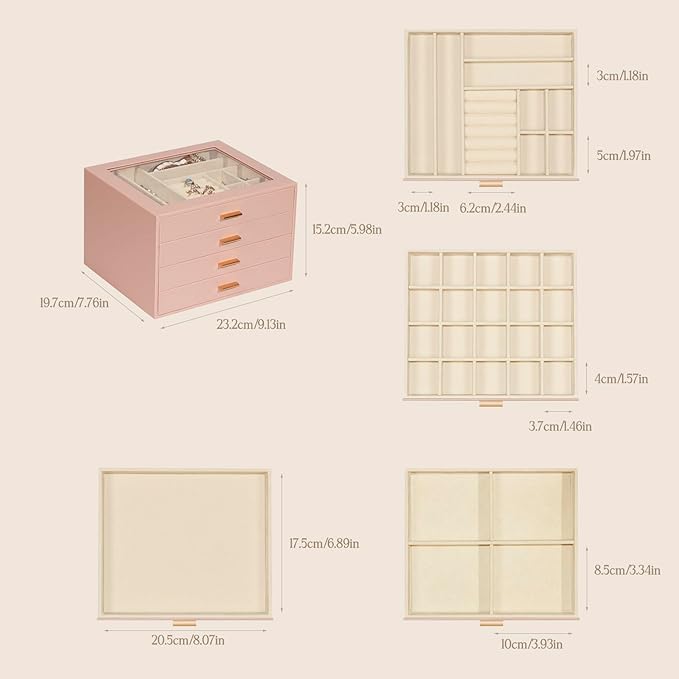 Jewelry Box with Glass Lid, 4-Layer Jewelry Organizer for Women Girls, PU Leather Display Case with 20-Grid Earring Tray & Mo