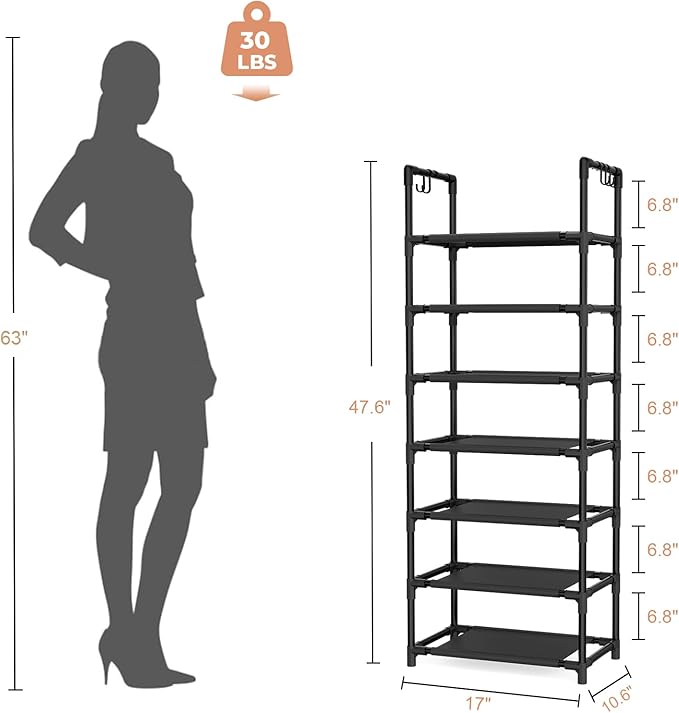 LANTEFUL 7 Tiers Shoe Rack 18-20 Pairs Boots Organizer Storage Sturdy Narrow Shoe Shelf for Entryway, Closets with Hooks, Bla