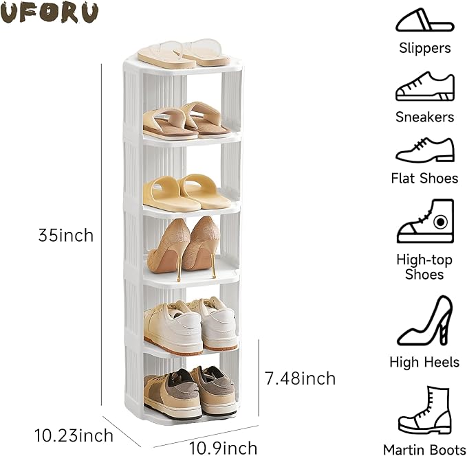Vertical Shoe Rack, 6 Tiers Stackable Shoe Rack for Closet, Tall Standing Shoe Organizer, Small Shoe Shelf for Narrow Places 