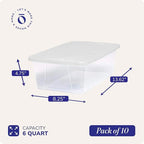 HOMZ 10-Pack Snaplock, Small Clear Plastic Storage Organizer Bins w/ Lids, 6 Quart, White - Stackable Container Boxes for Bed