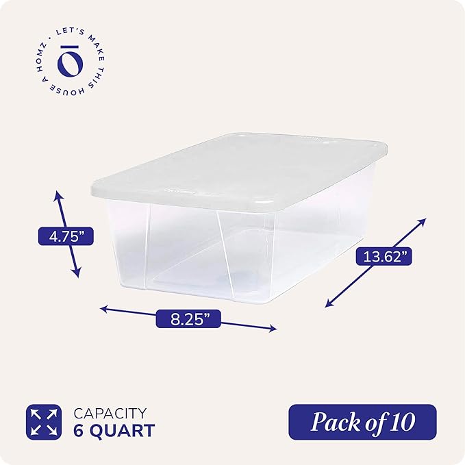 HOMZ 10-Pack Snaplock, Small Clear Plastic Storage Organizer Bins w/ Lids, 6 Quart, White - Stackable Container Boxes for Bed