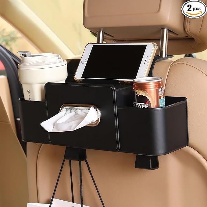 Back Seat Car Organizer, 4-in-1 Multifunctional Storage Box with Cup Holder & Tissue Holder, Premium Leather Adjustable Seat Back Organizer for Phone, Snacks, Purse for SUV Minivan Travel (Black)