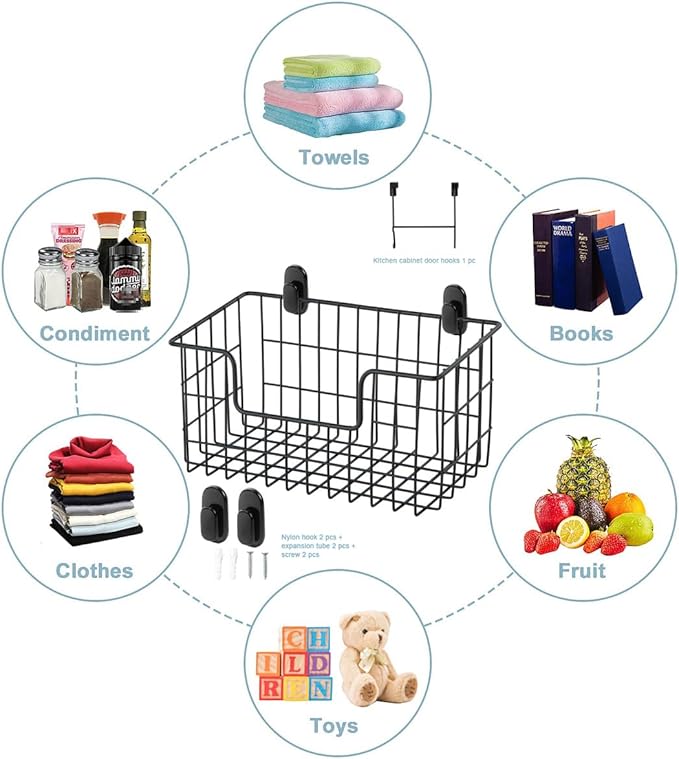 JUNCHU CHERRY Wire Storage Basket 2 Packs, Wall Mounted Kitchen Bathroom, Hanging Cabinet Door Storage Basket, no Drilling, S