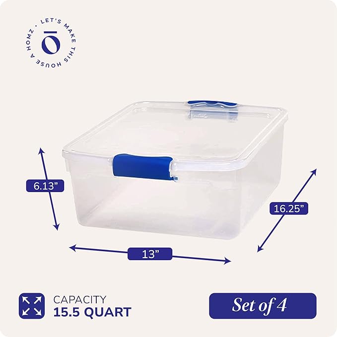 HOMZ 4-Pack 15.5 Quart Latching Lid, Clear Plastic Storage Organizer Bins, Blue – Stackable Containers for Home & Office Shel