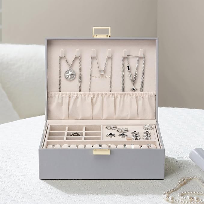 Vlando 2 Layer Jewelry Box Large Jewelry Organizer for Women Removable Jewelery Tray for Necklace Earrings Rings Bracelets Je