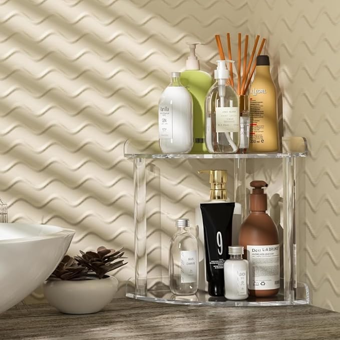2 Tier Clear Acrylic Bathroom Corner Organizer, Countertop Vanity Tray for Makeup, Cosmetics, Perfume - Freestanding Storage 