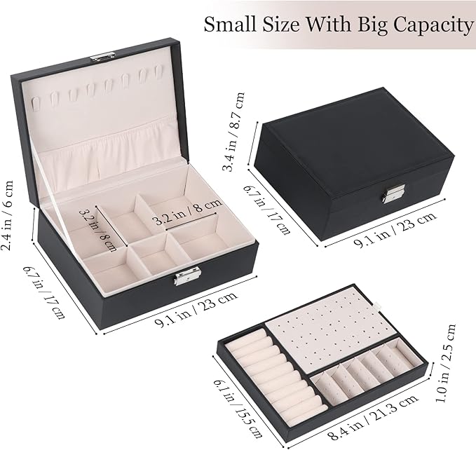 Jewelry Box for Women Girls, 2 Layers Jewelry Organizer Container with Lock, PU Leather Storage Case with Removable Tray, Jew