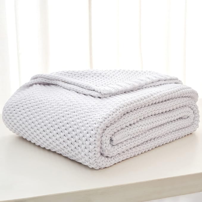 Chunky Cable Knit Throw Blanket Lightweight White 100% Organic Cotton Blanket for Sofa Couch Bed Baby Nursery, Rustic Shabby 