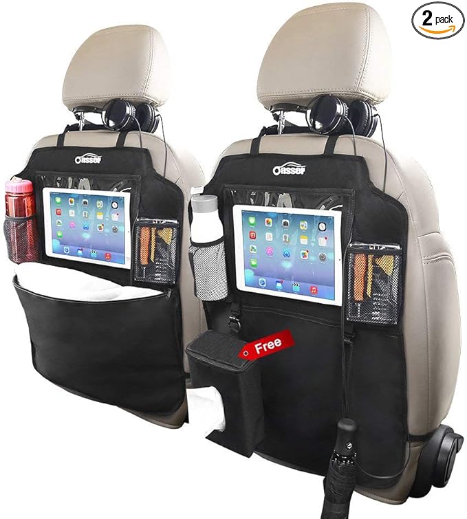 Oasser Seat Back Protector Kick Mats 12.9" I pad Holder 2 Pack XL with 1 Tissue Box Car Seat Organizer Back of Seat Protector Clear 2 Large Car Organizers and Storage