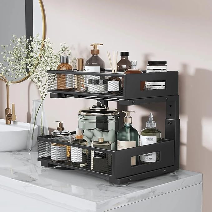 Under Sink Organizer, 2-Tier Dual Pull Out Cabinet Organizer Drawers With Smooth Circular Rail, Large Capacity Metal Mesh Sli