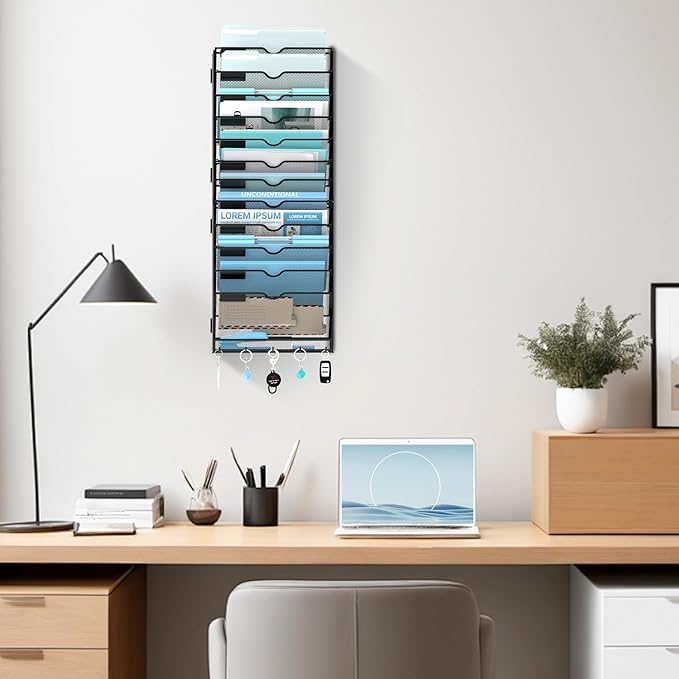 13 Tier Wall File Organizer - Hanging File Organizer with 5 Hooks, Mail Holder Wall Mounted for Papers, Folders, Magazines, B
