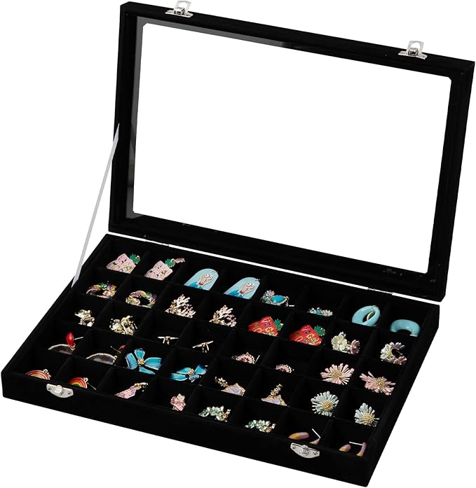 Frebeauty 40 Grid Jewelry Tray,Adjustable Earring Holder Organizer with Glass Lid,Velvet Drawer Jewelry Organizer for Rings,S