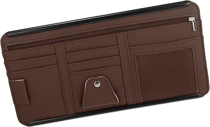 PU Leather Car Sun Visor Organizer Glasses Holder Auto Accessories Pocket Organizer with Panel Back Brown Auto Replacement Parts