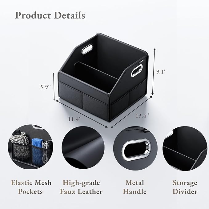 Car Storage Organizer - Compact PU Leather Bin for Trunk, Front Seat, Back Seat & Car Floor