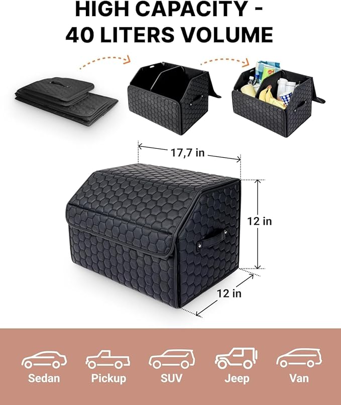 Owleys Cargo Organizer 17.7" - Compact Storage Totes With Lids For SUV, Sedan Or Truck - Durable Car Crate For Travel