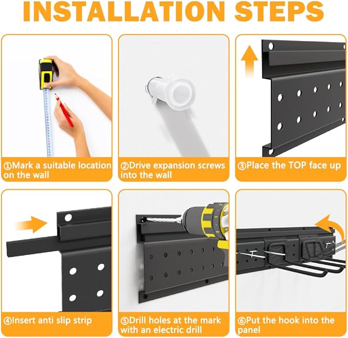 Garage Tool Storage Organizer Wall Mount, Heavy Duty Metal Garden Tool Rack Kit, 48inch Tracks with 16 Hooks for Shovel, Broo