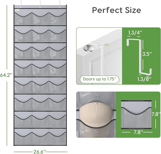 Unjumbly Baseball Hat Rack, 24 Pocket Over-The-Door Hat Organizer with Clear Deep Pockets to Display Baseball Caps Collection