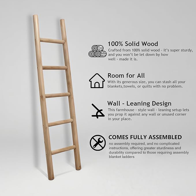 Wooden Blanket Ladder Natural & Motley Wood - Leaning Wall Decor for Bedroom, Bathroom, Living Room - Rustic Quilt Holder & T
