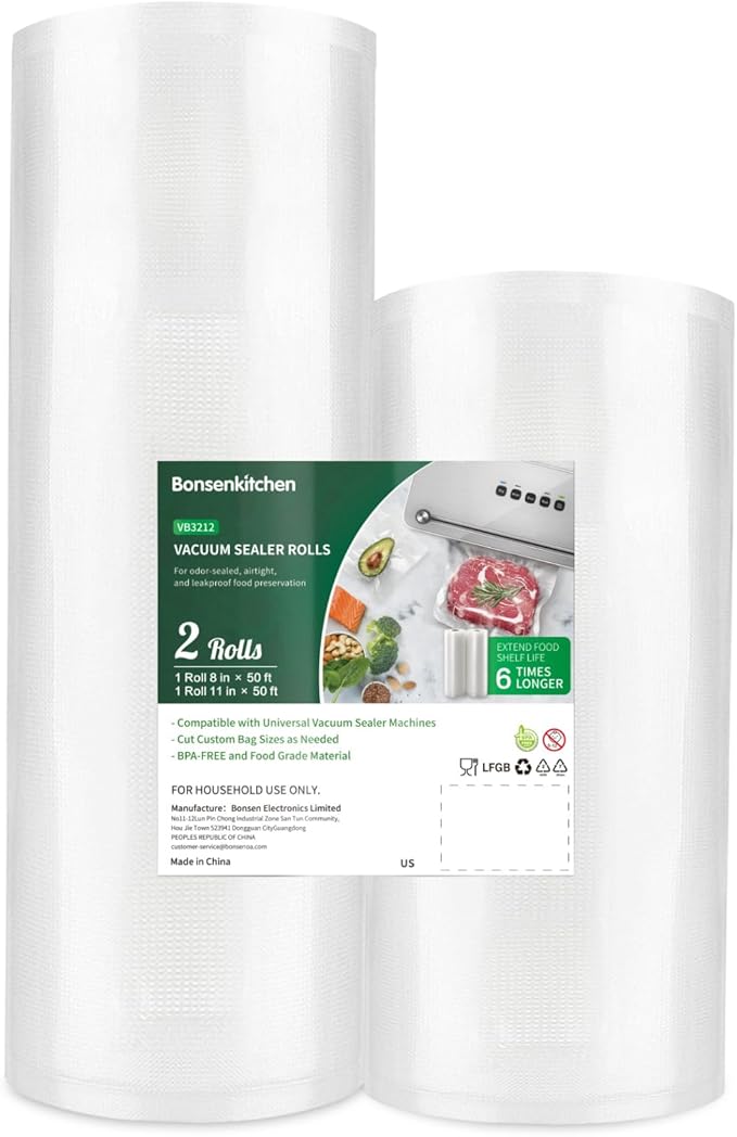 Bonsenkitchen Vacuum Food Sealer Rolls Bags, 8" x 50' & 11" x 50' Commercial Grade BPA Free Bag Rolls, Durable Customized Siz