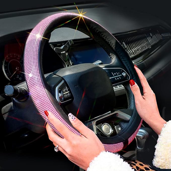 ChuLian New Diamond Leather Steering Wheel Cover with Bling Bling Crystal Rhinestones, Universal Fit 15 Inch Car Wheel Protec
