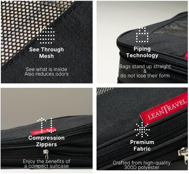 LeanTravel Premium Compression Packing Cubes for Travel - Suitcase Organizer Bags with Double Zipper & Breathable Mesh Panel 