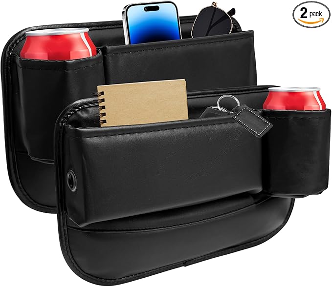 2 PCS Car Seat Gap Filler Organizer, Auto Front Seat Storage Box Anti-Drop Gap Filler with Cup Holder, Premium Leather Auto Console Side Organizer for Holding Phone Glasses Drinks