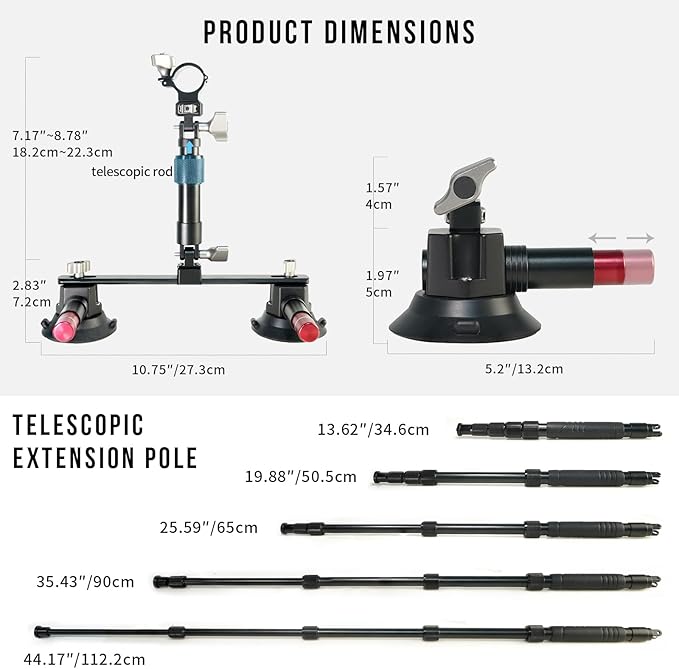 FIFIELD Triple Suction Cup Car Mount Kit with 2in1 Selfie Stick, CNC Machined Quick Release Adjustable Extension Mount for Windshield Dashboard Hood, Compatible with GoPro Insta360 DJI Action Cameras