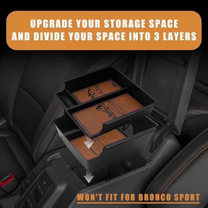 TripleAliners Center Console Organizer Compatible with 2021-2024 Ford Bronco(no for Sport) Accessories Bronco 2/4-Door Center Console Storage Box ABS Material with Leather Trim(V2_Brown)Won't Fit 2025