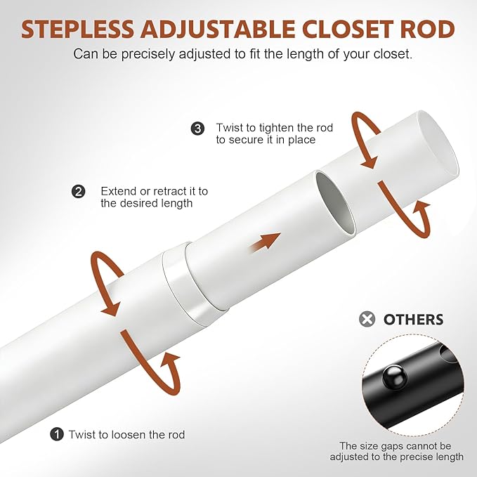 Closet Rods for Hanging Clothes, 17-70 Inch Stepless Adjustable Closet Rod, 1.3 Inch Heavy Duty Metal Clothes Hanging Rod, Ex