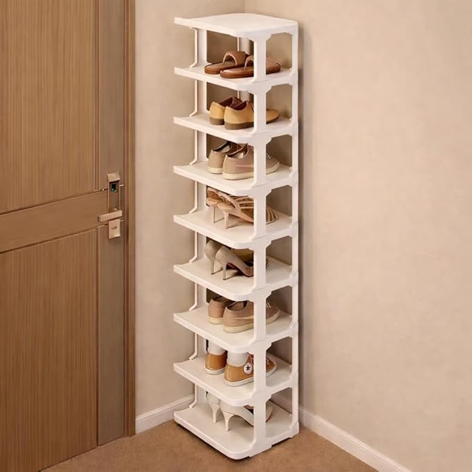 9-Tier Slim Shoe Rack, Stackable Vertical Shoe Organizer with Small Footprint, Sturdy PP Material, Space-Saving Shoe Storage 