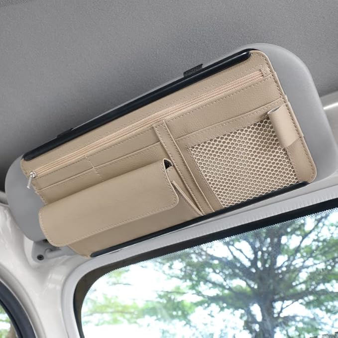 JEYODA Car Sun Visor Organizer Auto Car Visor Pocket and Interior Accessories Car Storage Organizer with Multi-Pocket Net Zippers (Style 2-Beige) 1942