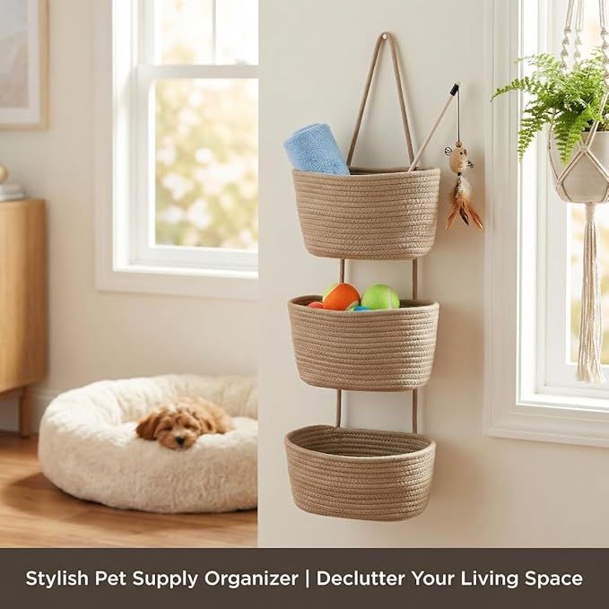Hanging Wall Basket, Over the Door Hanging Basket with Hooks, Cotton Back of Door Organizer for Living Room, Bedroom, Boho Wa