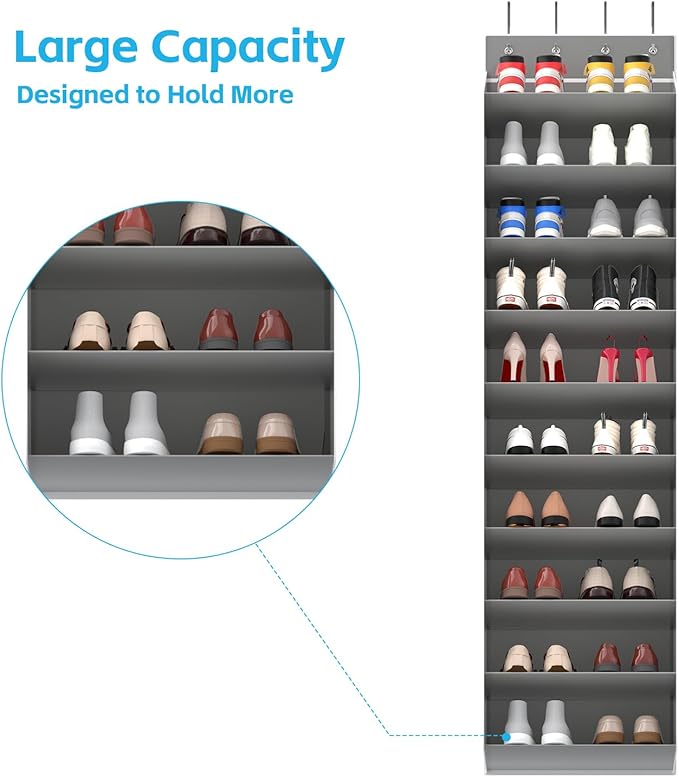REGELETO 10 Tiers Large Size Over Door Shoe Organizer Storage, Hanging Shoe Rack for Door with Deep Pockets, Fit 20-30 Pairs 