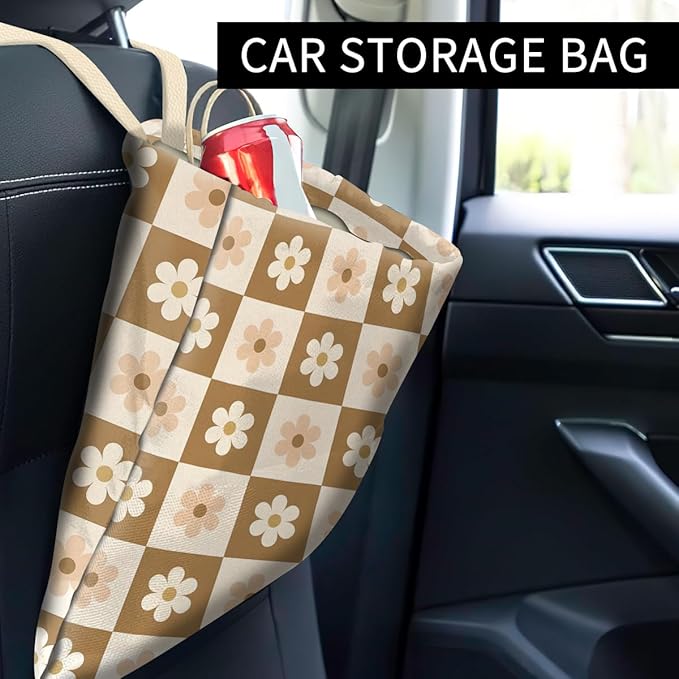 Car Trash Can, Cute Car Trash Bag, Hanging Car Organizer and Storage Bag, Trash Bin for Car Accessories, Vehicle, Travelling, Camping Luxury Beige Checkerboard Daisy