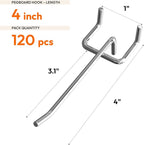 JEAWIWI 120 Pack 4 Inch Metal Pegboard Hooks, Fit 1/4 in and 1/8 in Peg Board Organizer Accessories, for Hanging Storage, Gar
