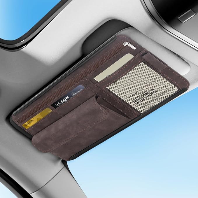 Sun Visor Organizer, Multi-Pocket Auto Visor Organizer for Car, SUV and Truck, Card Holder Glasses Holder for Car Interior Accessories Car Organizers And Storage, Brown
