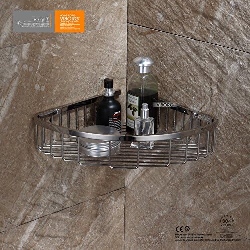 VIBORG Deluxe Solid Thick SUS304 Stainless Steel Wire Wall Mounted Single Tier Bathroom Corner Shower Basket Bath Caddy Shelf