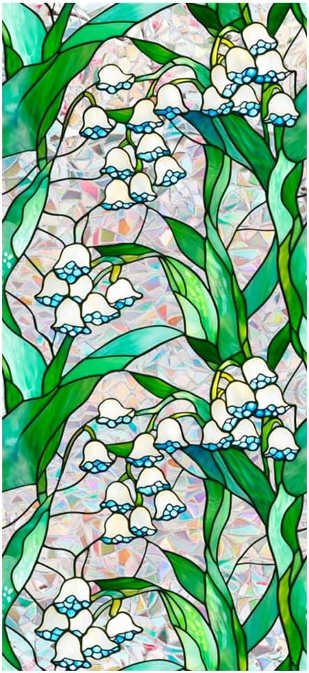 JOONOR Retro Lily of The Valley Window Privacy Film,Stained Glass Decals Colorful Floral Privacy Rainbow Decals Living Room Sun Blocking Decor Removable Static Cling Stickers,16.93 x 39.37 Inch