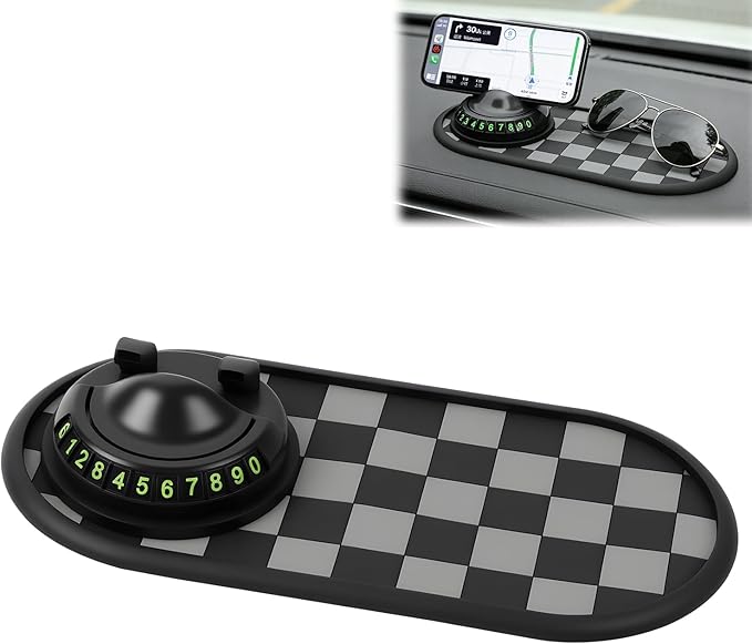 Multifunctional Car Anti-Slip Mat with 360° Rotating Phone Holder,Anti Slip Mat for Car Dashboard with Temporary Parking Numb