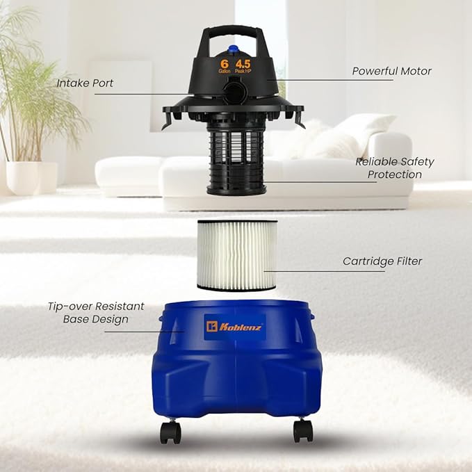 Koblenz Wet-Dry Vacuum Cleaner, 6-Gallon Tank, Superior 4.5 Peak HP Motor, Lightweight Vacuum Cleaner and Blower, Tackles Dry