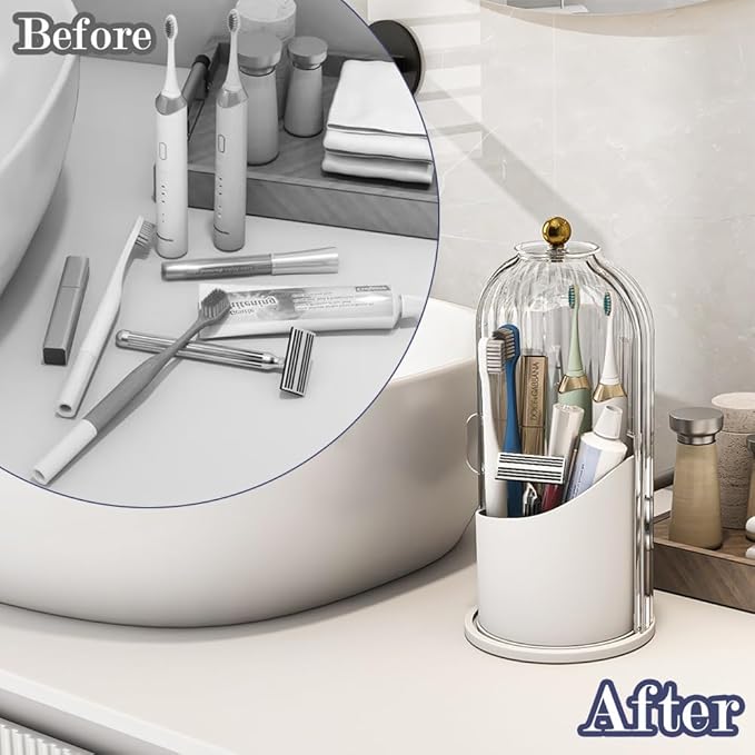 Dustproof Toothbrush Holders with Cover, Rotating Electric Toothbrush and Toothpaste Holder for Bathroom Countertop, 3 Slots 