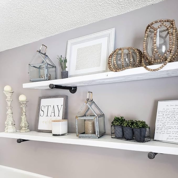 Industrial Pipe Wall Wood Shelves,Real Wooden Shelves 60" in White Color with 11.8" Extra Width, Modern Floating Shevles Book