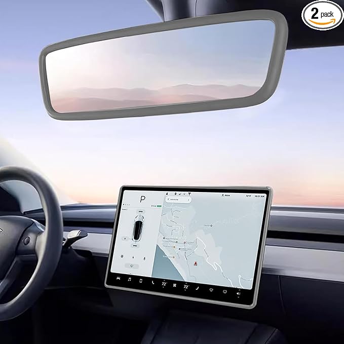2PCS Protector Trim Frame Compatible with Tesla Model 3 Y 2020-2024 2025 2026 Screen Edge Frame Rearview Mirror Cover Interior Decorations Center Console Decor Highland Juniper Accessories Set (Gray)