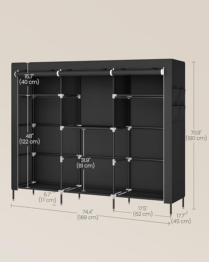 SONGMICS Portable Closet, Fabric Wardrobe, Clothes Rack with Shelves, Pockets, Large Capacity, 4 Hanging Rods, 74.4 x 17.7 x 