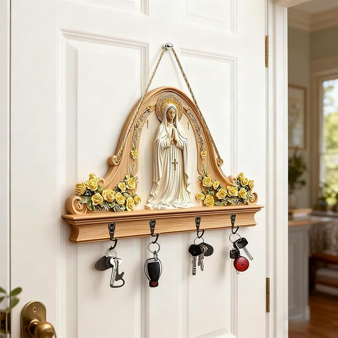 2D Flat Virgin Mary Praying Wall Art Keychain Holder, Rustic Wooden Key Rack with 4 Metal Hooks, Farmhouse Religious Decor fo