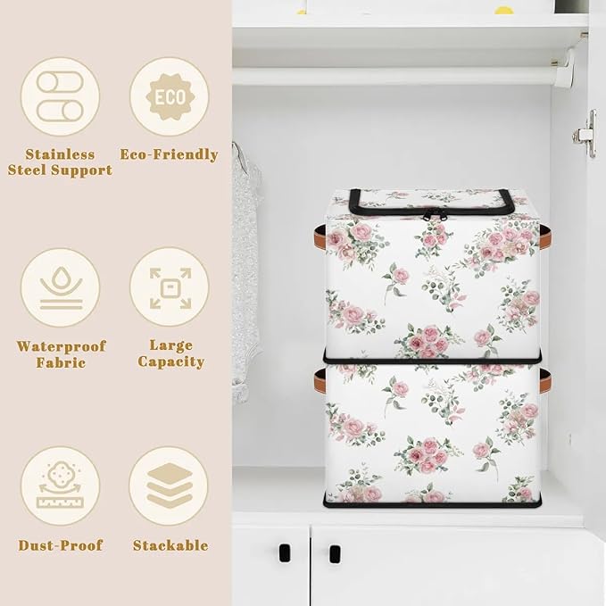 Pink Floral Flower Storage Baskets - Home Decorative Bins Collapsible Cubes with Zipper Lid, Rose Box with Handles for Living