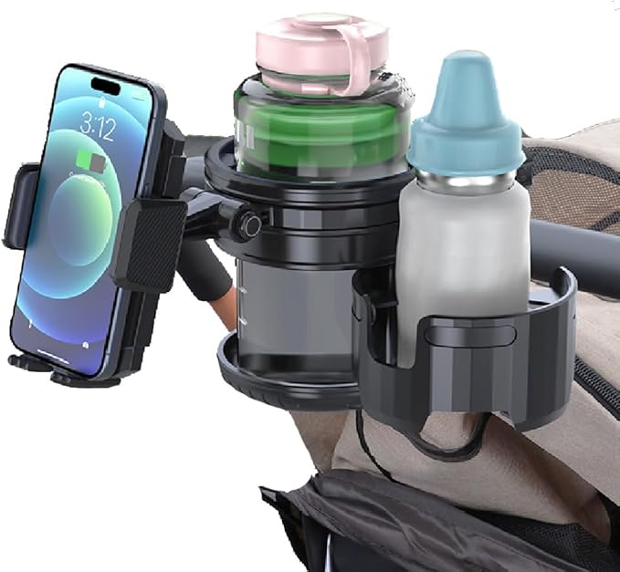3-in-1 Stroller Cup Phone Holder Attachment, Universal Cup Holder with Adjustable Phone Mount, Double Cup Holder for Walker, 