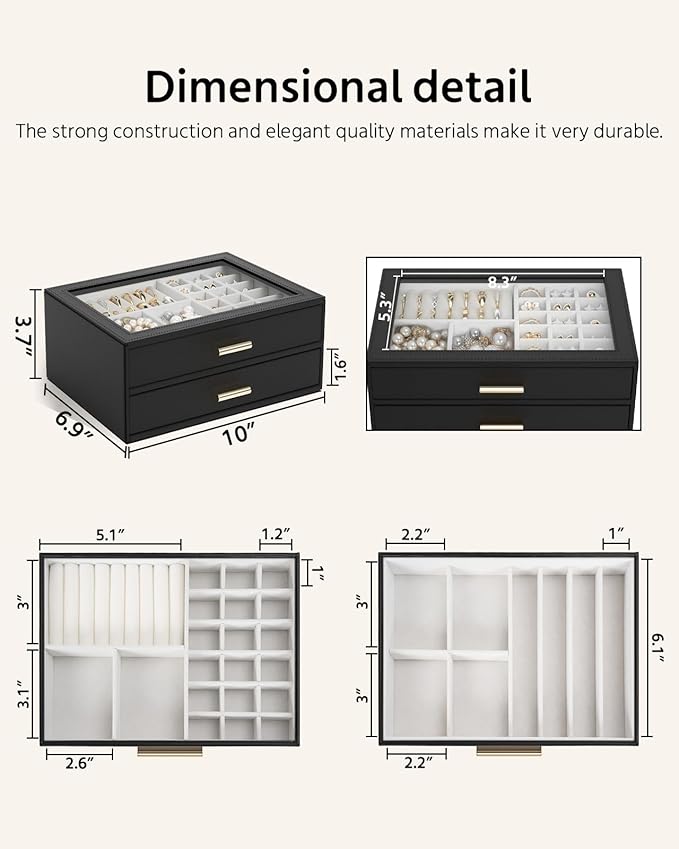 AKOZLIN Jewelry Box with Clear Lid Functional Leather Jewelry Storage Organizer Case 2 Drawers for Women Girls Necklace Ring 